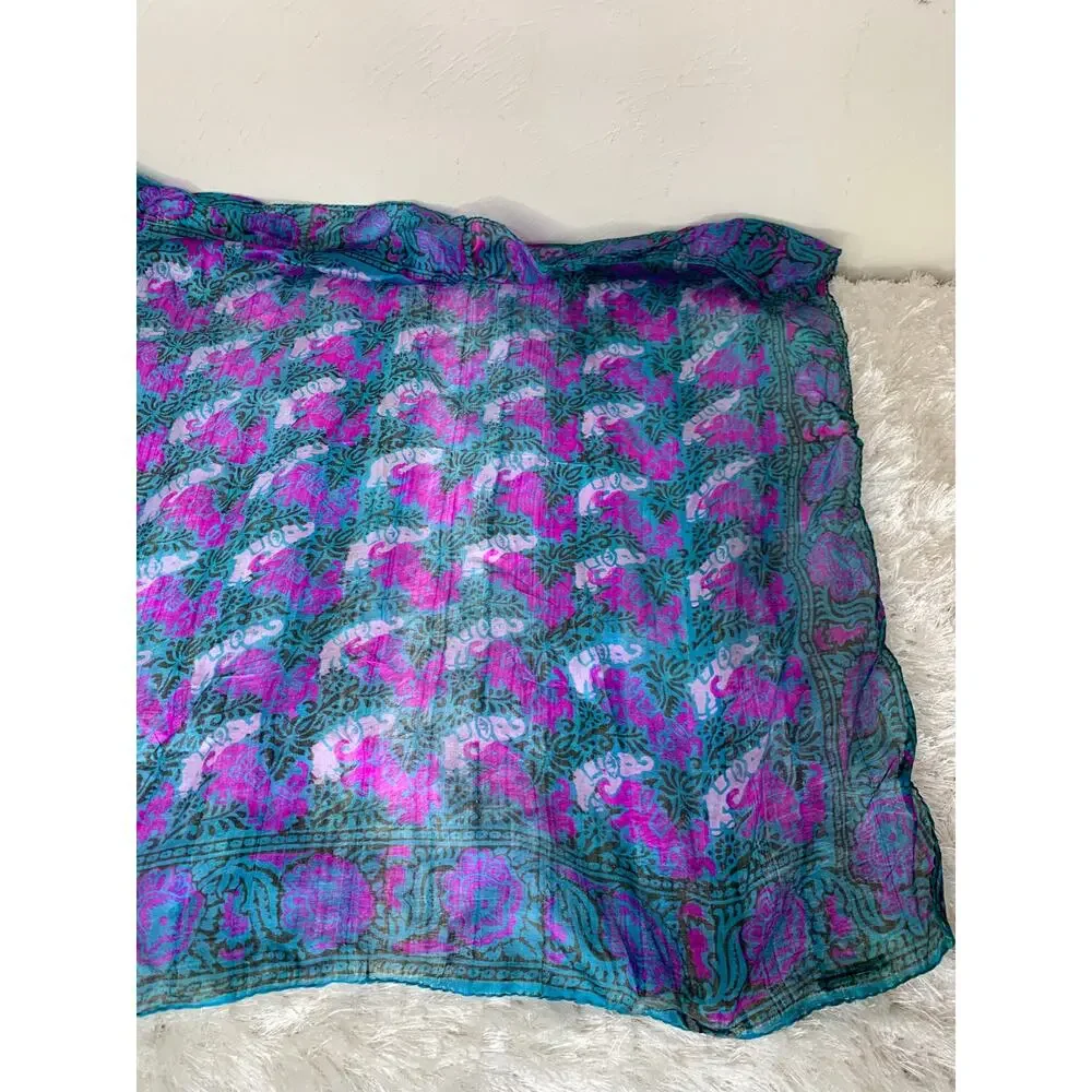 Green Pink Purple Floral Batik? Silk Scarf 29 x 27
